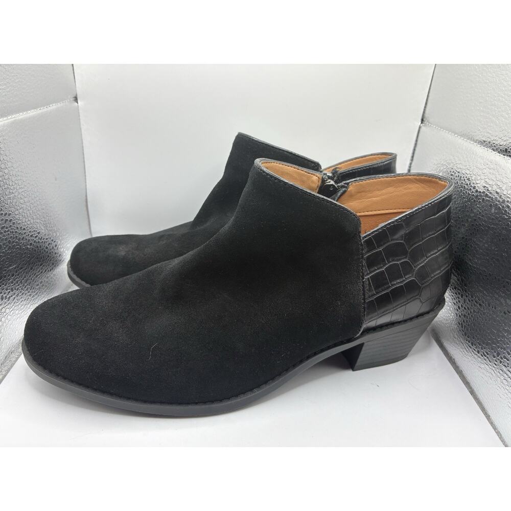 Vionic 10 Wide Marissa Black Suede Ankle Boots Croc Embossed Arch Support Boho - Picture 2 of 6